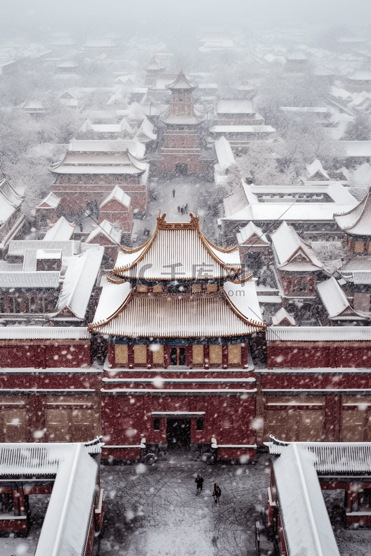 冬天雪景建筑俯视摄影图背景