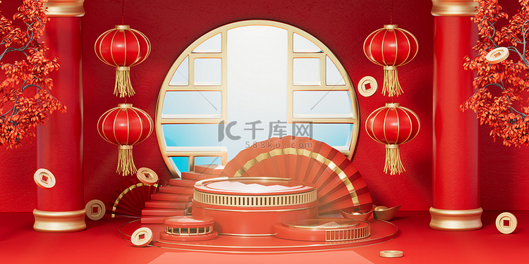 新年c4d红色中国风展台背景素材