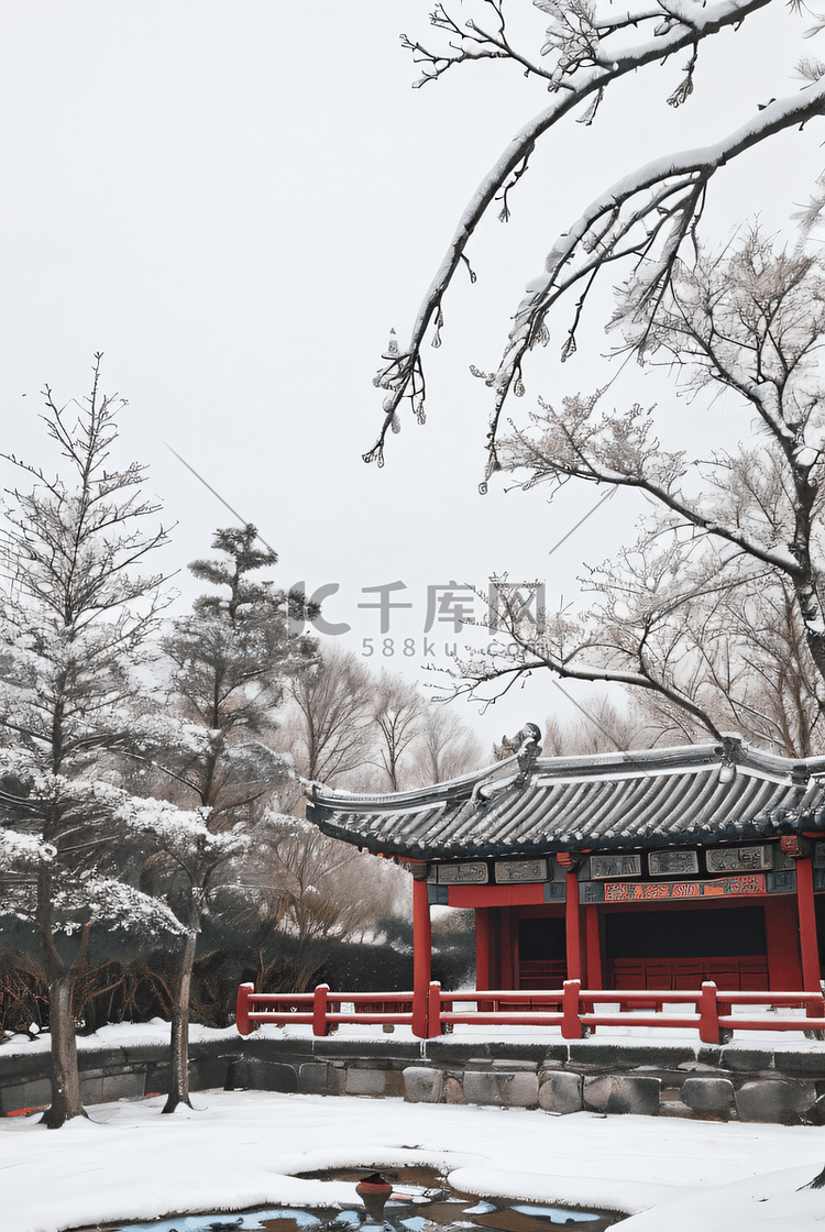 中式庭院厚厚积雪摄影照片5