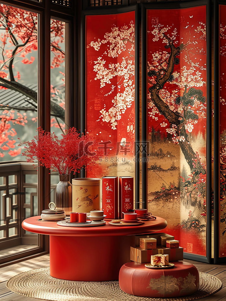 红色圆桌中式客厅新春家居背景素