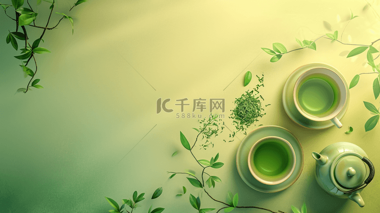 绿色场景阳光下中式茶杯喝茶的背