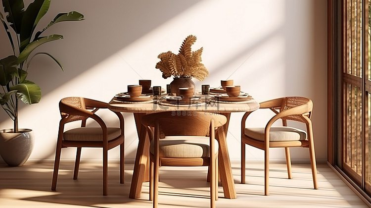 木制餐桌设计的 3D 渲染
