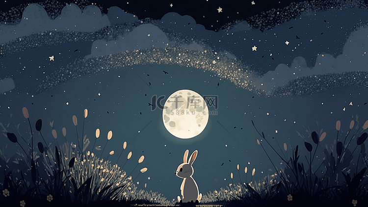 夜晚月亮兔子平面风景图