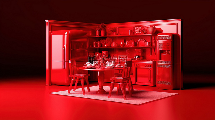 红色主题厨房配有冰箱和带有单色