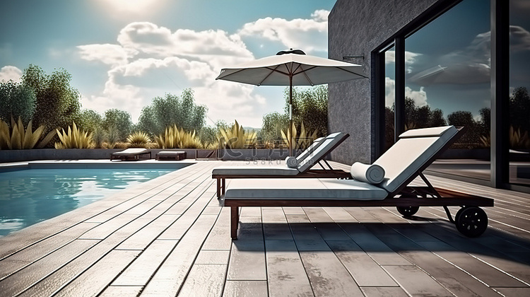 现代住宅的池畔露台配有日光躺椅