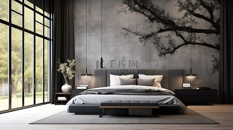 现代卧室设计效果图，配有黑色混