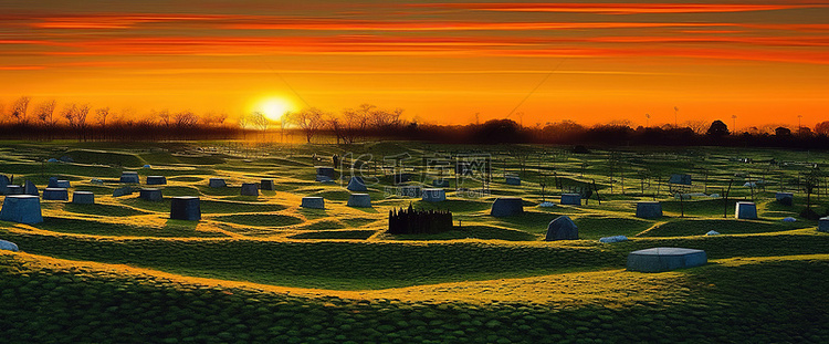 太阳从有墓地的田野上方升起