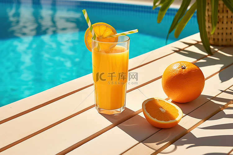 室内游泳池和木桌旁边的橙汁