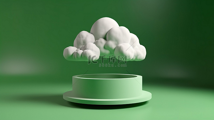 绿色背景上 3D 渲染云的圆形讲台