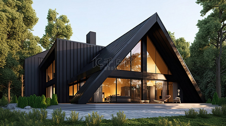 黑色的现代房子 3d 夏季插画