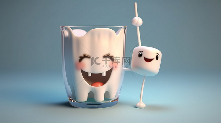可爱的 3D 渲染卡通牙刷和玻