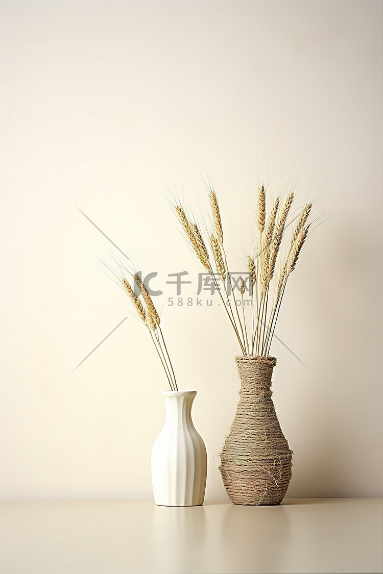 桌子上有小麦和稻草的花瓶