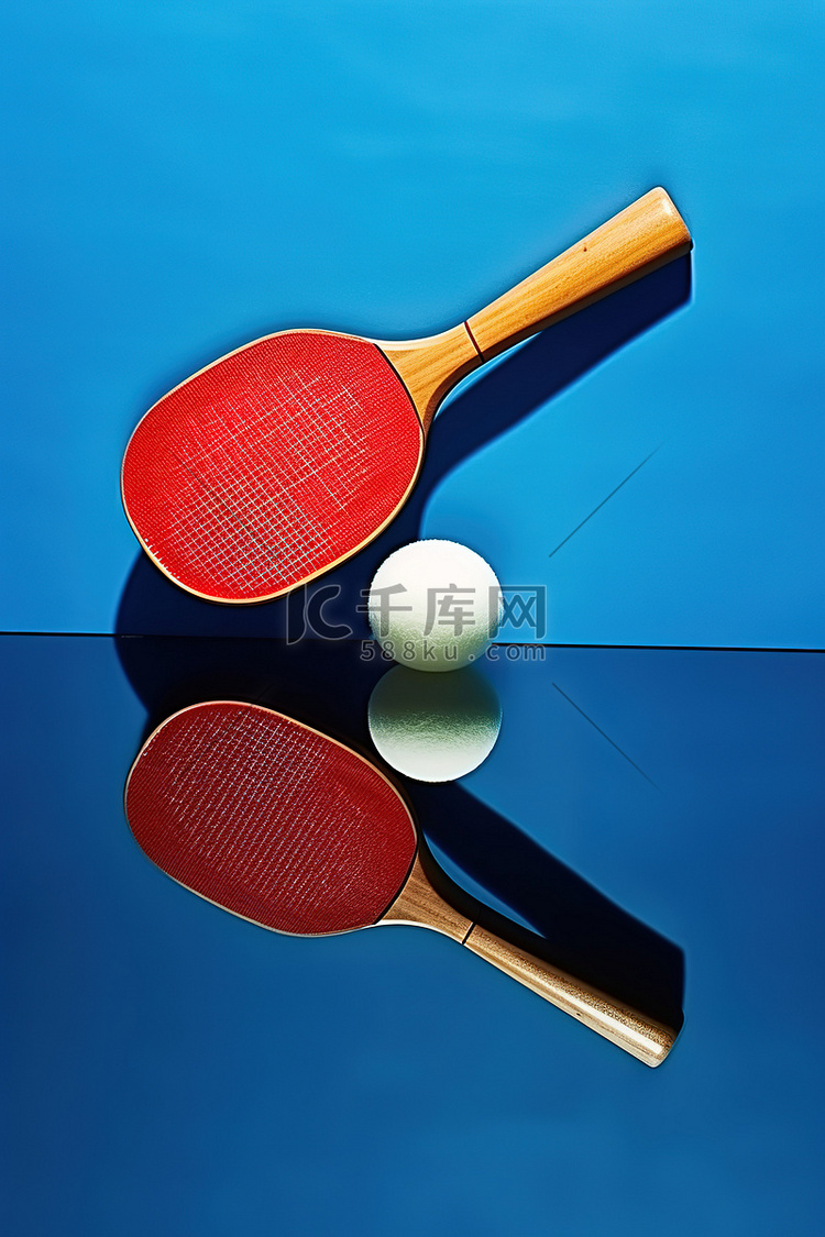 网球拍和球放置在蓝色表面上