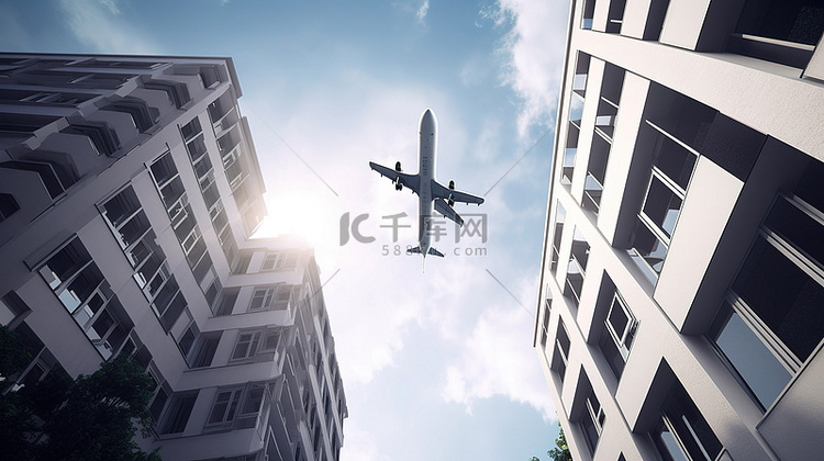 飞机在 3d 城市结构上空翱翔