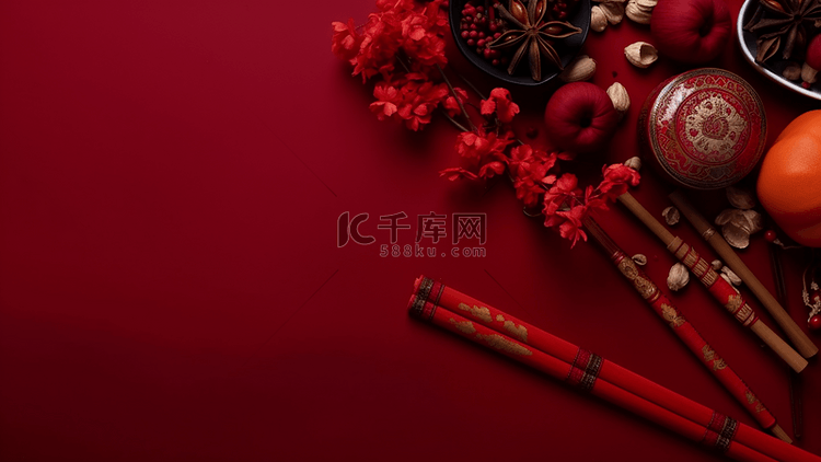 花卉香炉中国风格红色节日广告背