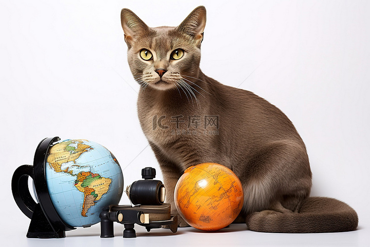 一只猫坐在地球仪和双筒望远镜旁