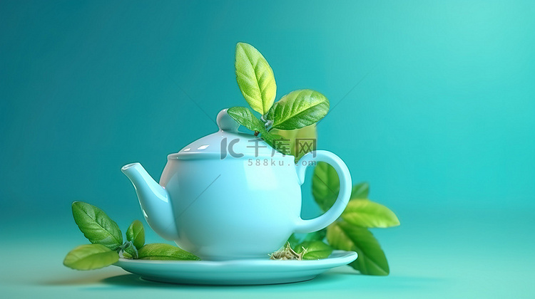 绿叶和天蓝色茶壶和茶杯非常适合