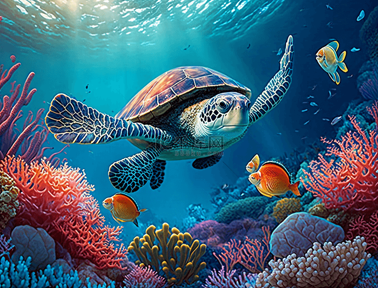 珊瑚海龟海底美丽的海洋背景