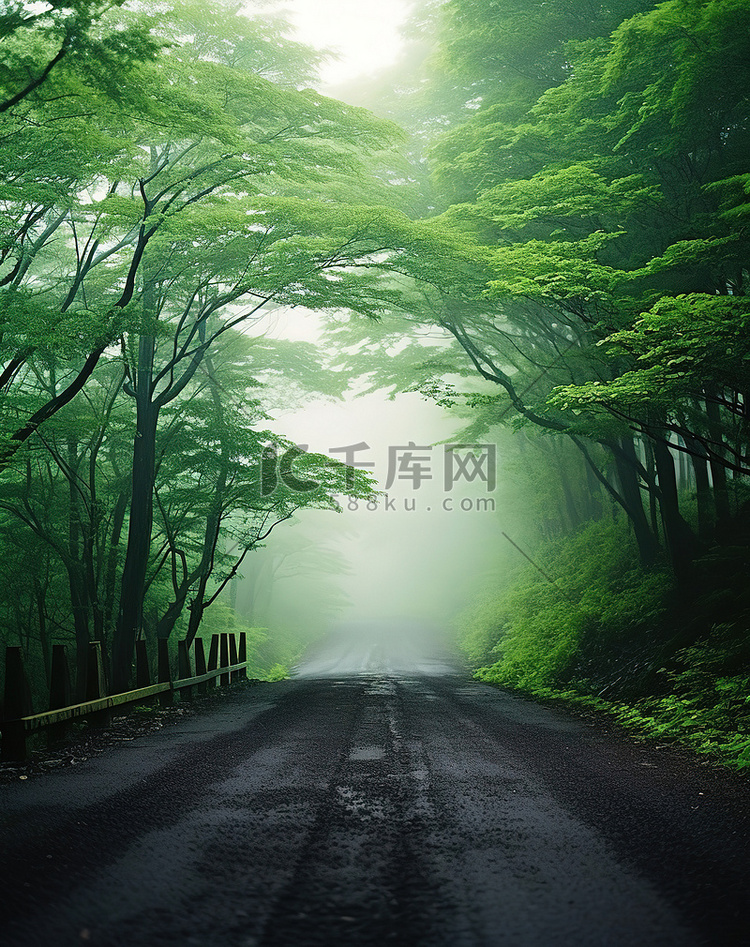 雾中森林公路的图像