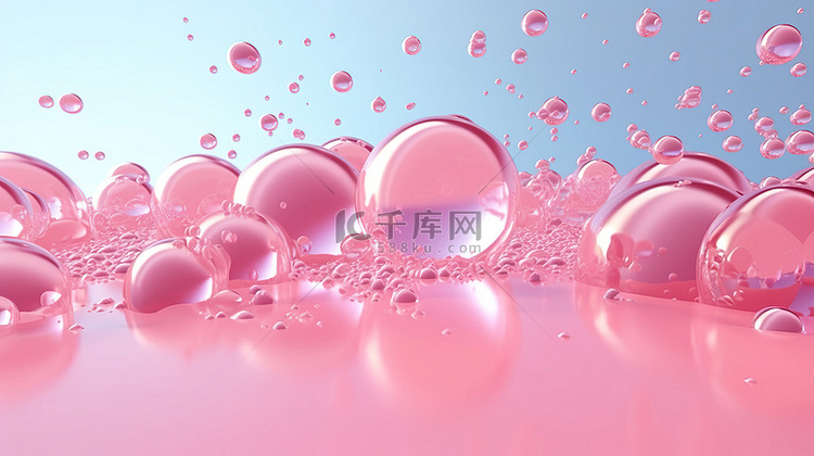 水下 3D 插图气泡填充粉红色