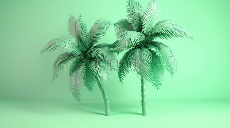 3D 绿色棕榈树在柔和的绿色背