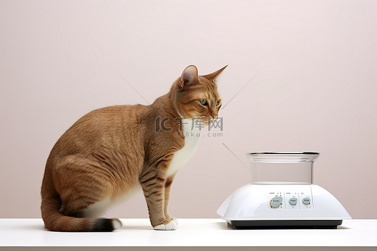 一只猫从秤旁边的食物碗里喝水