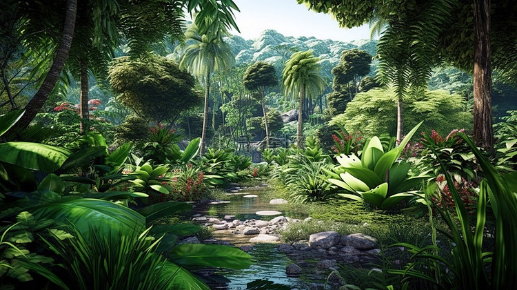 翠绿的热带丛林的 3D 渲染，