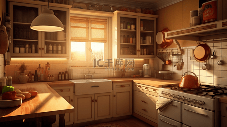 厨房厨具橱柜阳光温暖背景