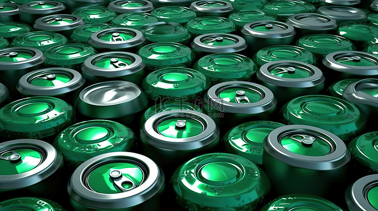 一组绿色有盖铝啤酒桶的 3D 插图