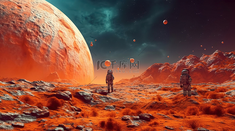 宇航员凝视深空景观与橙色星星的