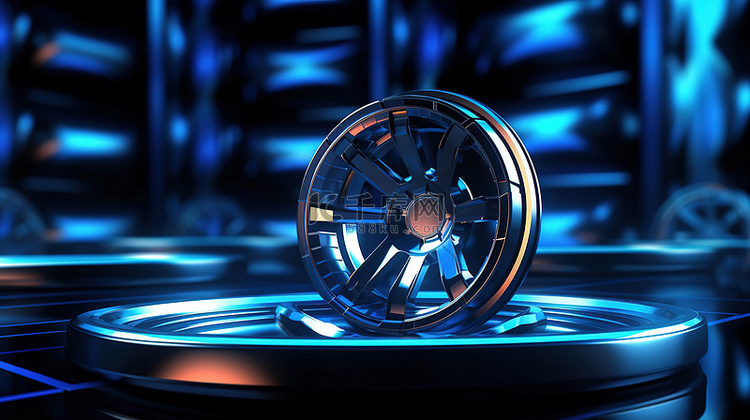具有 3D 渲染汽车车轮的未来背景
