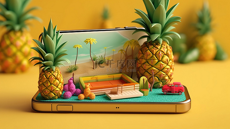 使用智能手机和菠萝进行假期预订
