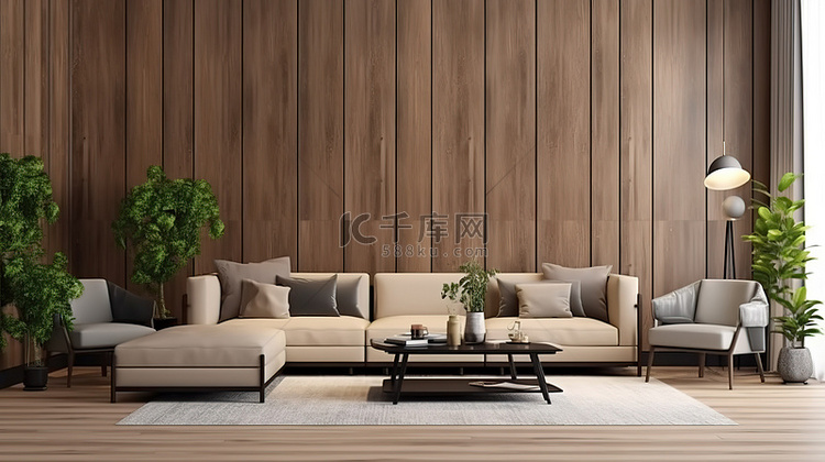 现代客厅的 3D 渲染，配有木