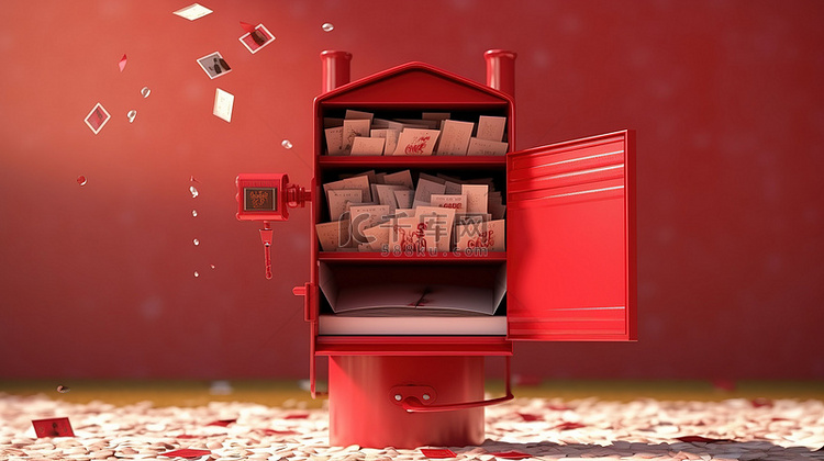 红色邮箱充满字母 3d 渲染