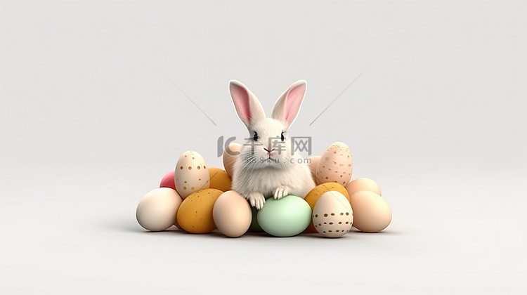 复活节快乐 3D 兔子和鸡蛋在