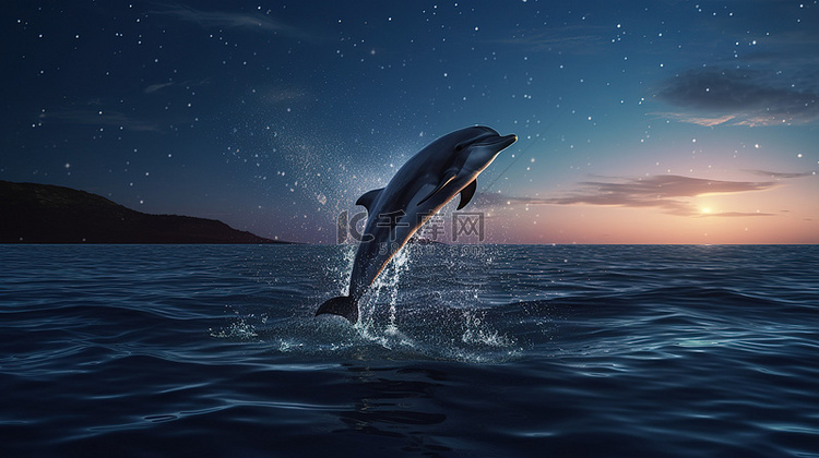 满月夜 3D 渲染海豚跃出海洋