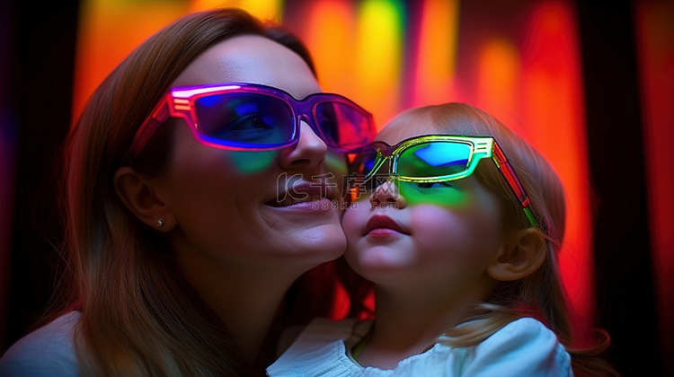 妈妈和女儿戴上 3D 眼镜的亲