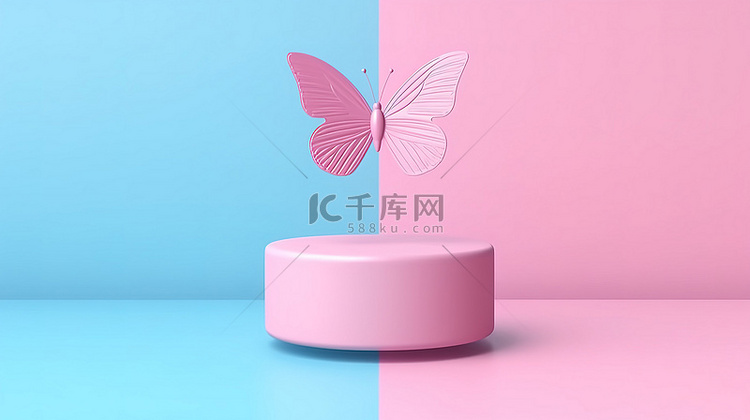 蝴蝶在双色调风格的粉色和蓝色基