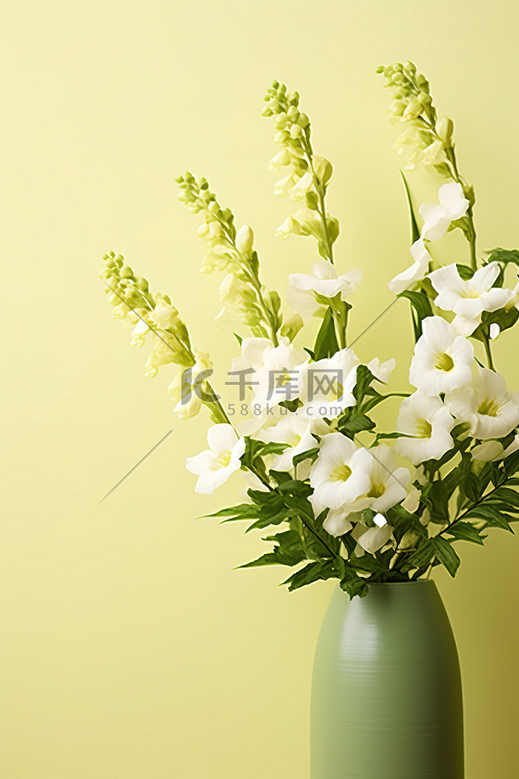 白色背景中黄色花瓶中的白花