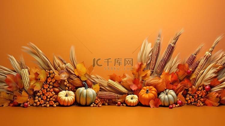 秋季和感恩节的 3D 渲染横幅