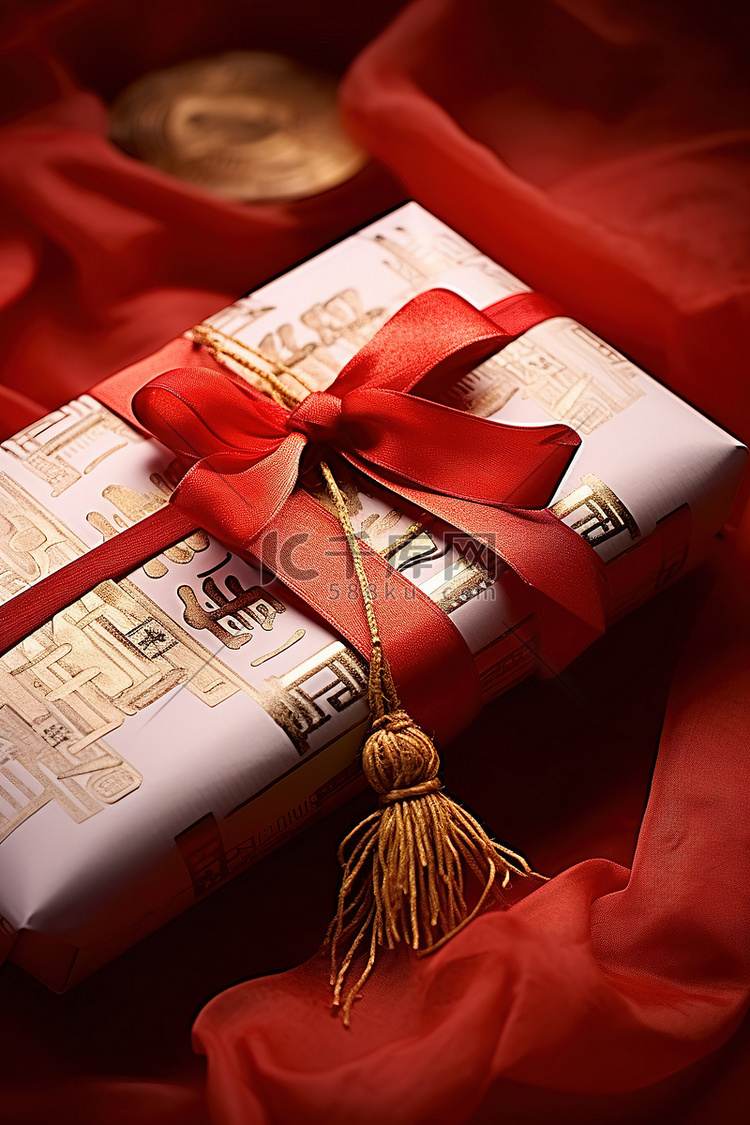 礼物放在红色卷轴上，上面有礼品