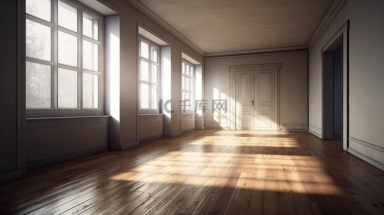 阳光在空的 3D 渲染房间的深