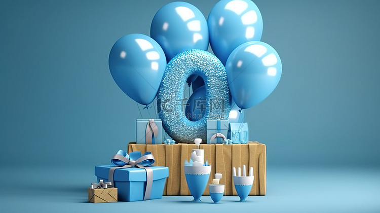 3d 渲染蓝色生日蛋糕与气球和