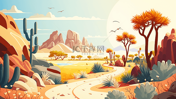 夏天沙漠仙人掌卡通插画背景