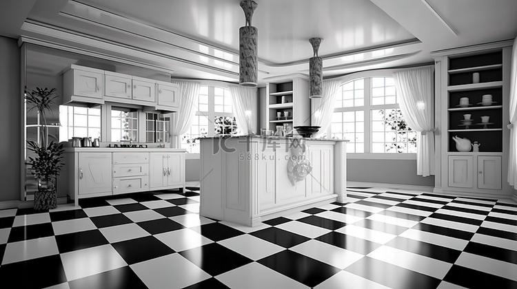 黑白装饰艺术厨房的 3D 渲染