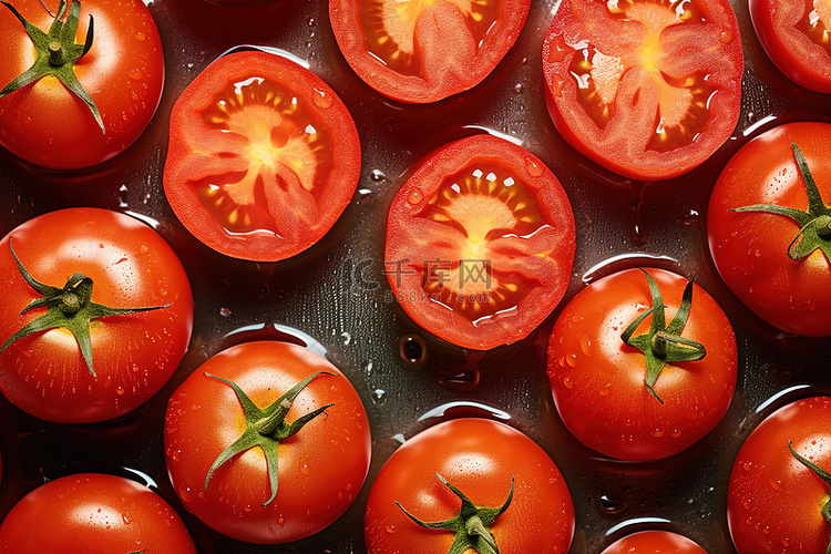 一组成熟的红番茄并排展示