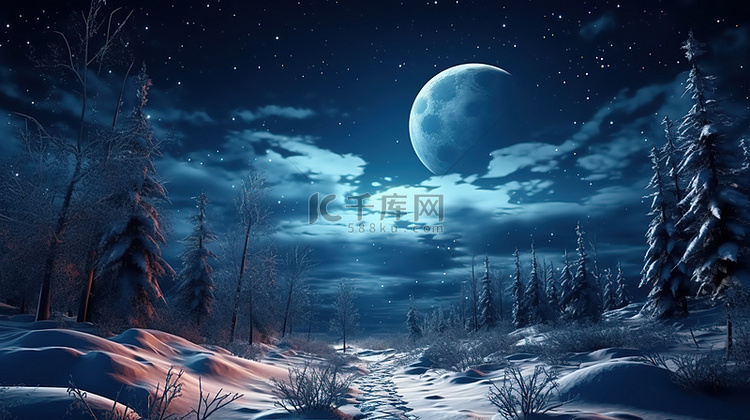 冬天的雪夜空被一轮灿烂的满月照