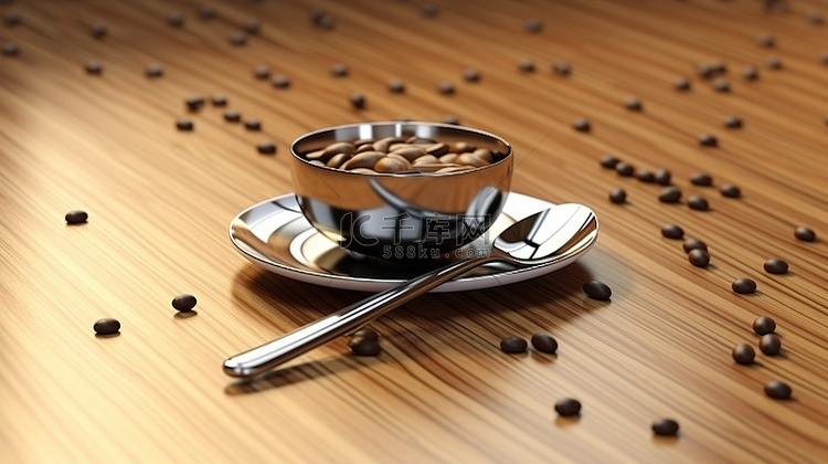3d 创建的木桌上咖啡豆和杯子