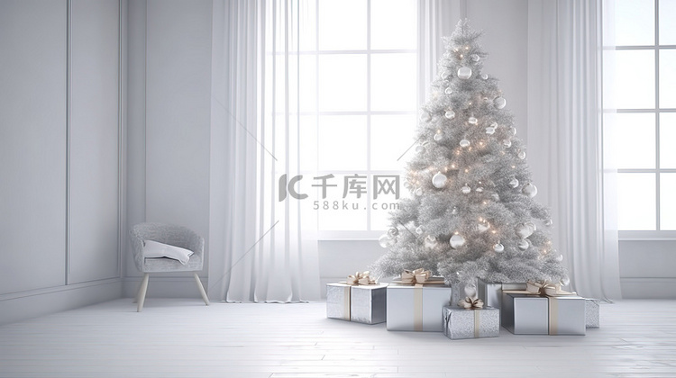 3D 渲染圣诞树和礼品盒在节日