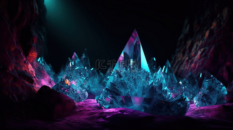 发光的水晶洞穴发光宝石的 3d
